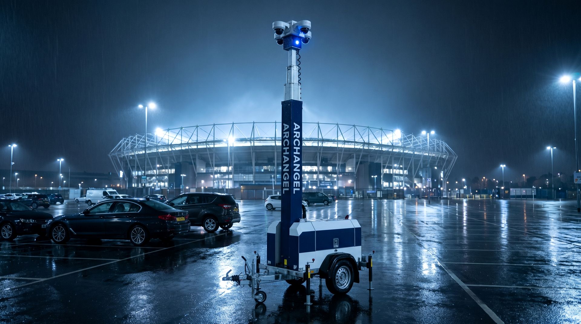 Archangel branded mobile CCTV tower in a stadium car park at night